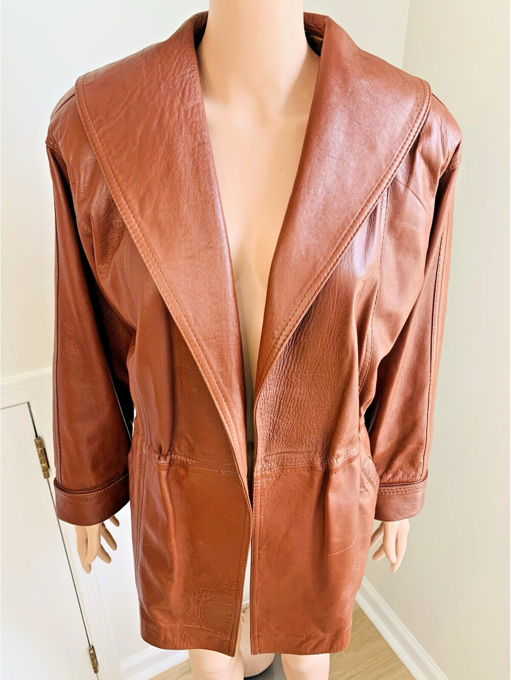 Vintage 70s 80s Buttery Soft Leather Jacket Brown Tan Cognac Mini Trench Coat